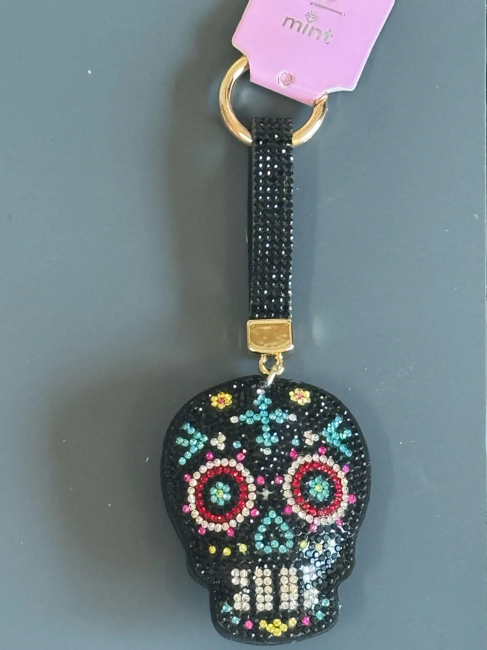 Mint Rhinestone Sugar Skull Keychain Bag Charm NWT (Black)